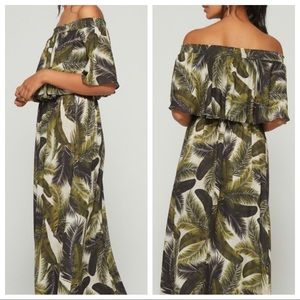 Show Me Your MuMu Olive Green Black Palm-Print Off-Shoulder Maxi Dress
